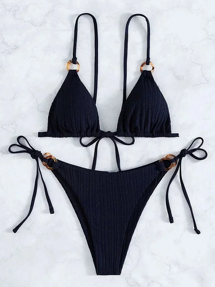 Sexy Lace Up Solid Bikini 2 Piece Set Women Split Swimsuit Backless High Waist Vacation Style Bikini 2024 New Summer Bikinis Set