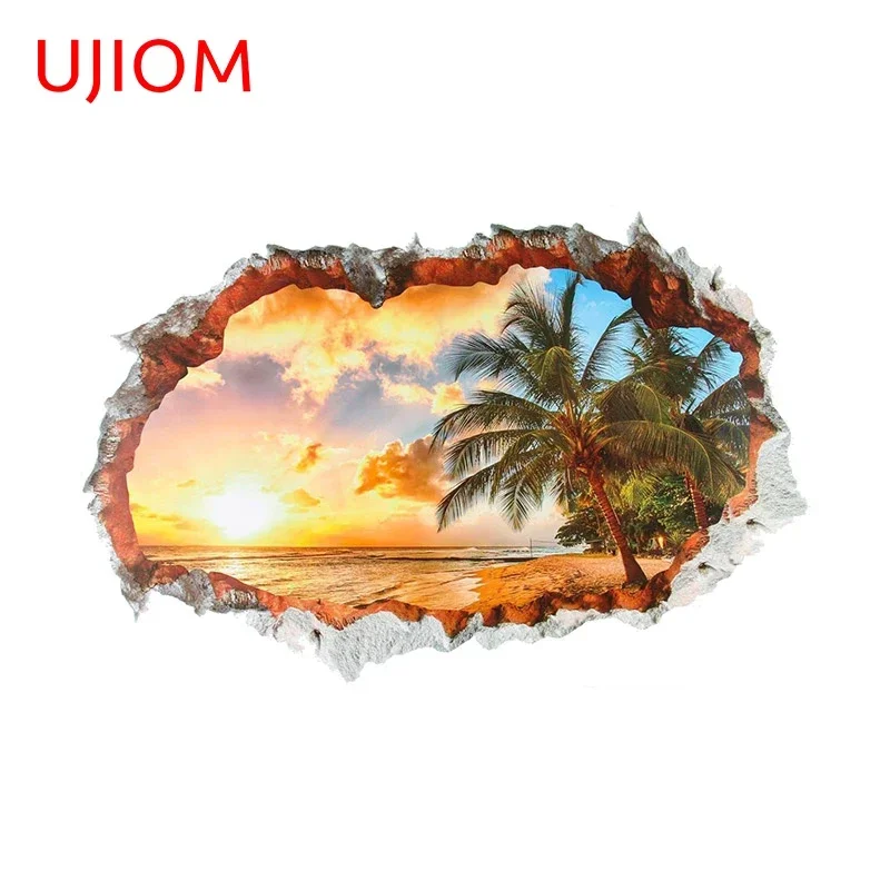 UJIOM 13cm X 8.6cm Beach Sunrise And White Clouds Wall Stickers Break Decal Scratch-Proof Sunscreen Balcony Sticker Graphics