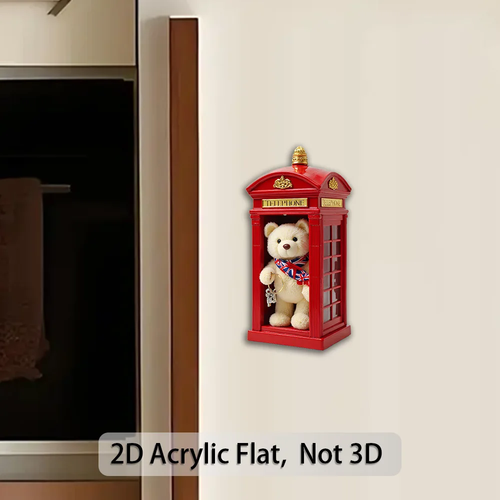 4-Piece Set of Telephone Booth-Shaped Refrigerator Magnets, 2D Flat Acrylic Cartoon Cute Toy Bear Bouquet Mailbox Creative Ornaments, Refrigerator Magnets, Home Refrigerator Decorations, Great Gift Items