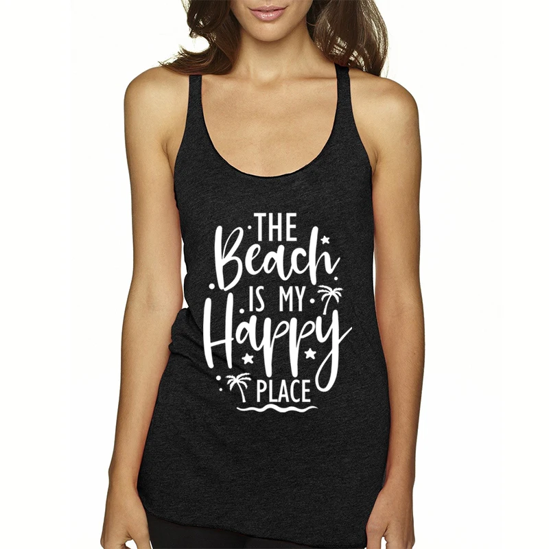 Woman Racerback Tank Tops The Beach Is My Happy Place Printed Tank Tops Women Plants Summer Vacation Tanks Casual Tops Outfit