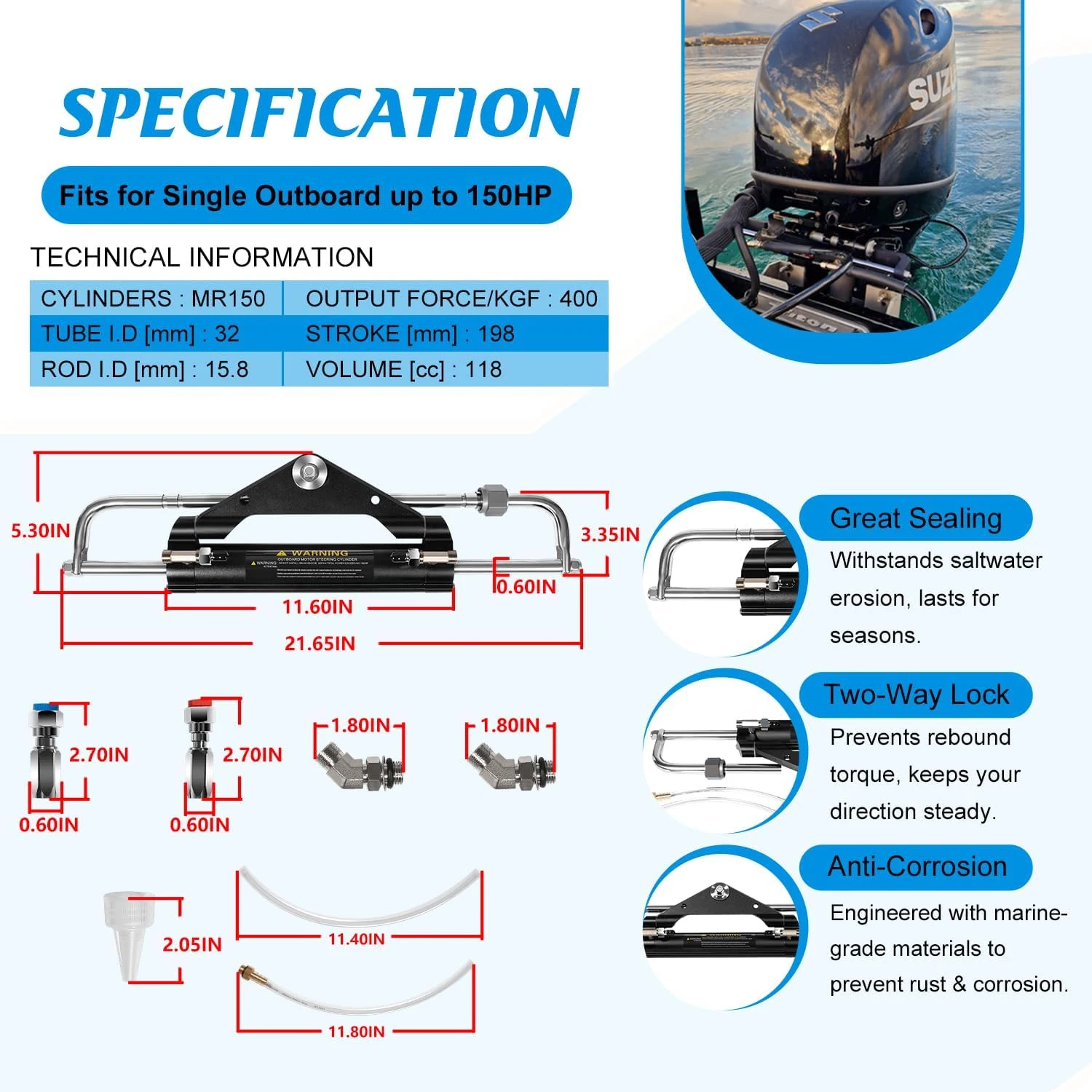 150HP Outboard Hydraulic Steering Cylinder – ORB Fittings, Two-Way Lock Valve –for Single/Twin Engine Outboard Boats