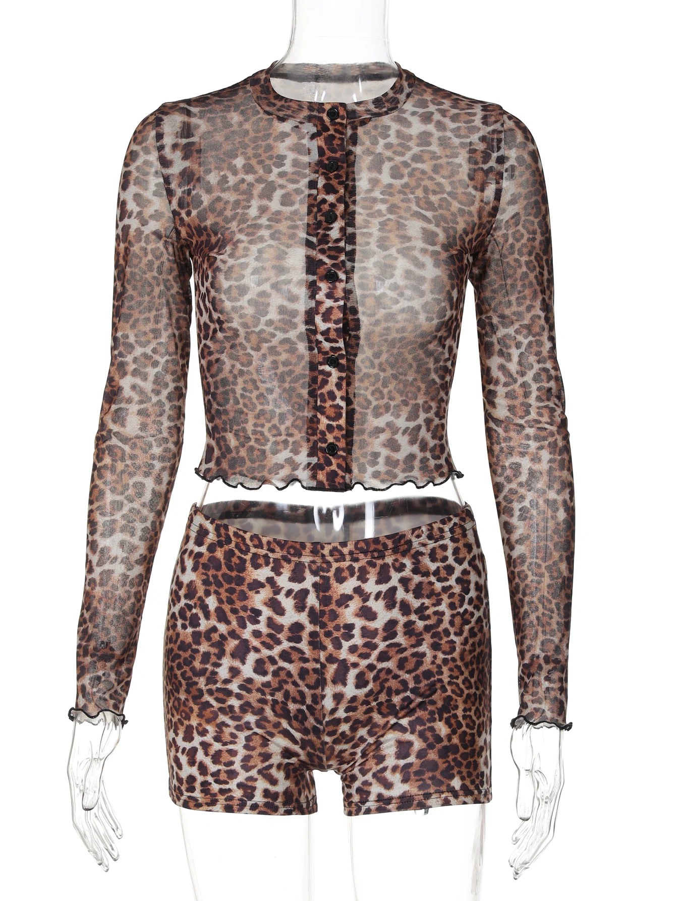 Hugcitar Mesh 2 Pcs Sets Leopard Print Long Sleeve Buttons Sexy See Through T-Shirt Shorts Women Fashion Outfit Vacation Club