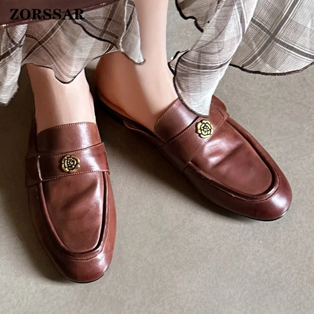 

Women's Cow Leather Round Toe Slip-on Flats Summer Slides Sandals High Quality Soft Comfortable Metal Buckle Casual Female Mules