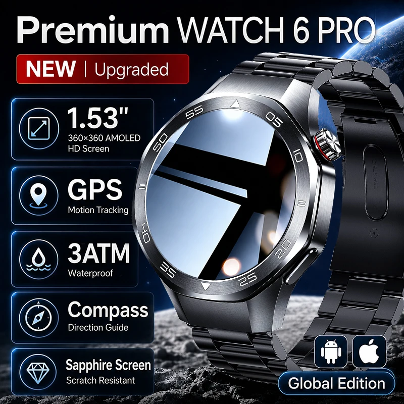 2026 Premium Smartwatch AMOLED Saphirglas-Bildschirm GPS-Kompass 3ATM Wasserdicht Bluetooth-Anruf Globale Edition WATCH 6 PRO Smartwatch