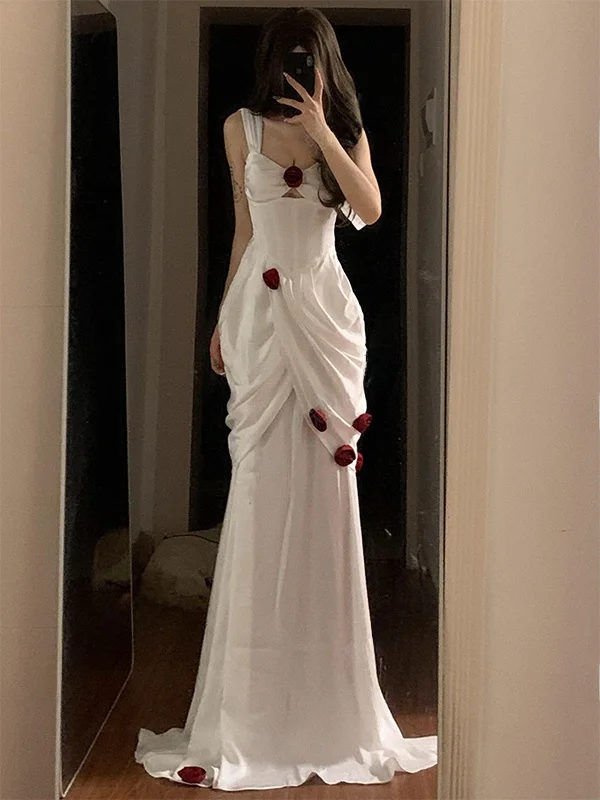 

Elegant White Rose Long Evening Gown Sexy Strapless Adult Birthday Dress Summer City Commute Street Style Formal Occasion