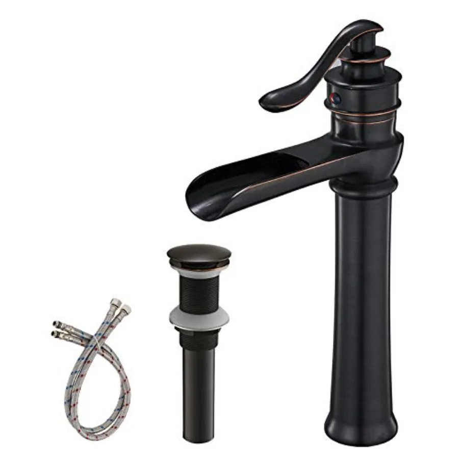 

Vessel Sink Faucet Waterfall Singe Hole Black Bathroom Sink Faucet Handle with Pop Up Drain Assembly Stopper Without Overflow S