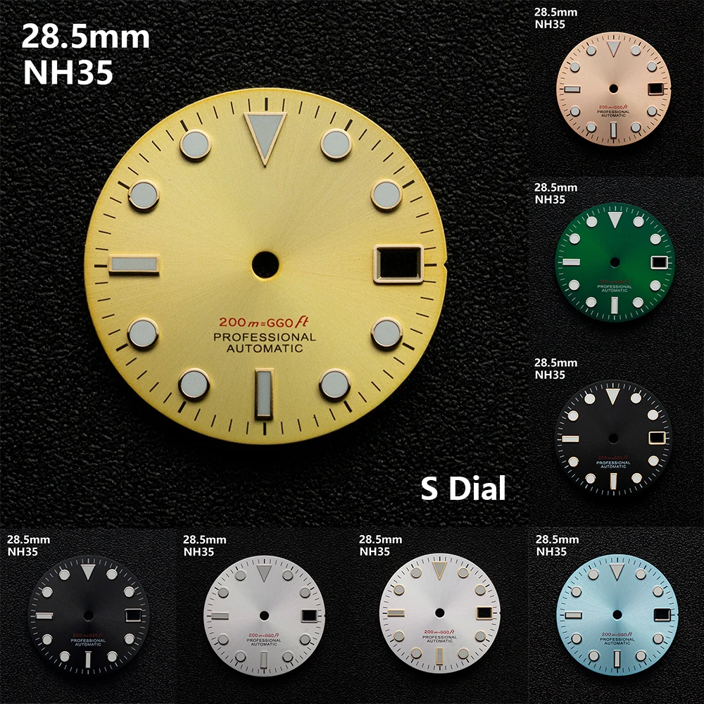 

28.5mm S Logo Professional Dial Fit NH35/NH36/4R36 Movement C3 Green Luminous Sunburst Dive Dial Watch Modification Accessories