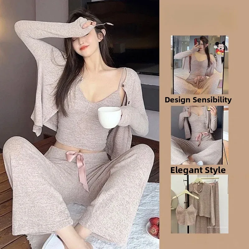 New Modal Women's Sleepwear Thin Long Sleeve Three-piece Set with Chest Pad Can Be Worn outside Home Clothes Summer Set
