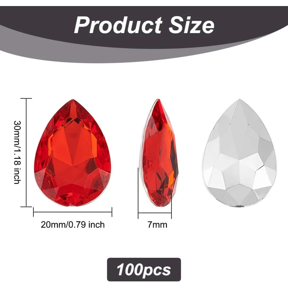 1 Bag Taiwan Acrylic Rhinestone Cabochons Pointed Back Back Plated Teardrop Red 30x20x7mm 100pcs/bag
