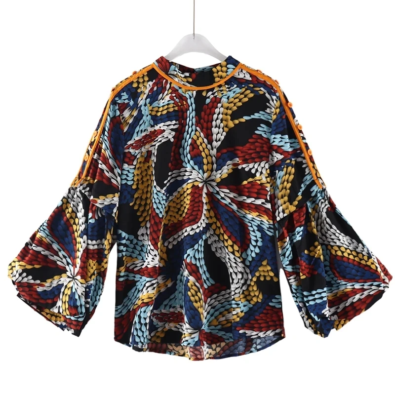 

Printing Striped Vintage Chiffon O-Neck Lantern Long Sleeve Loose Women's Blouse Shirt Korean Fashion Female Clothing Tops 2024