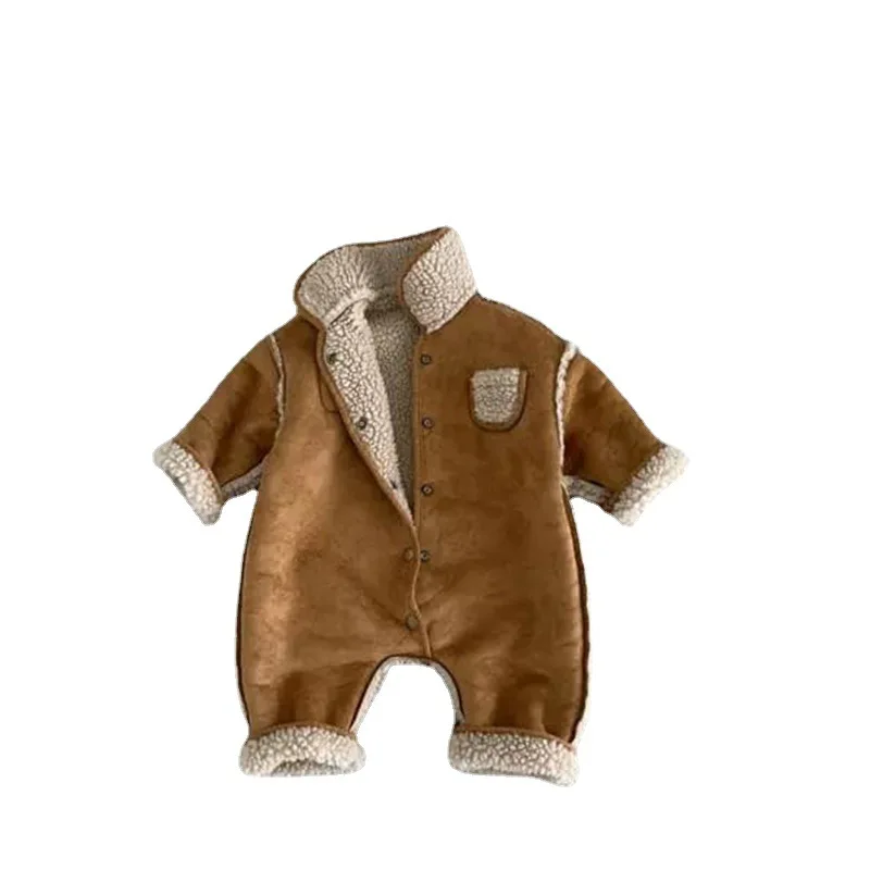 2024 Winter New Baby Long Sleeve Warm Plush Romper Plus Velvet Thick Boy Girl Lamb Cashmere Hooded Jumpsuit Infant Clothes