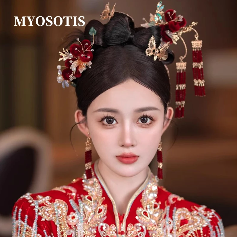 

Classical Chinese Handmade Red Flower Bridal Headwear Ancient Velvet Floral Hairpins Tassel Wedding Hair Accessories