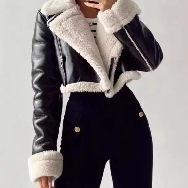 

Faionable Lamb Fur Collar Jaet Outerwear Women's Busin Casual ort Coat Cross-Border Sle Turn-down Collar PU Material