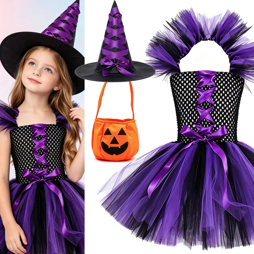 Halloween-Hexenkostüm für Mädchen, lila Tüllrock mit Hut, für Kinder von 2 bis 12 Jahren, Karneval, Cosplay, Party, Kinderkleidung. – Detail 2