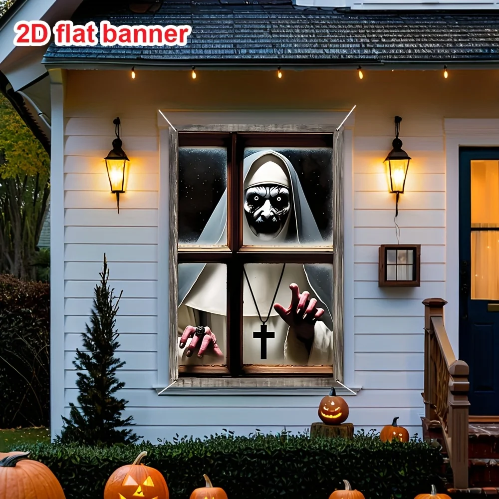 2D flach, 2D flaches Banner, Happy Fensterdekoration für Halloween, gruselige Nonne-Party-Dekoration aus Polyester