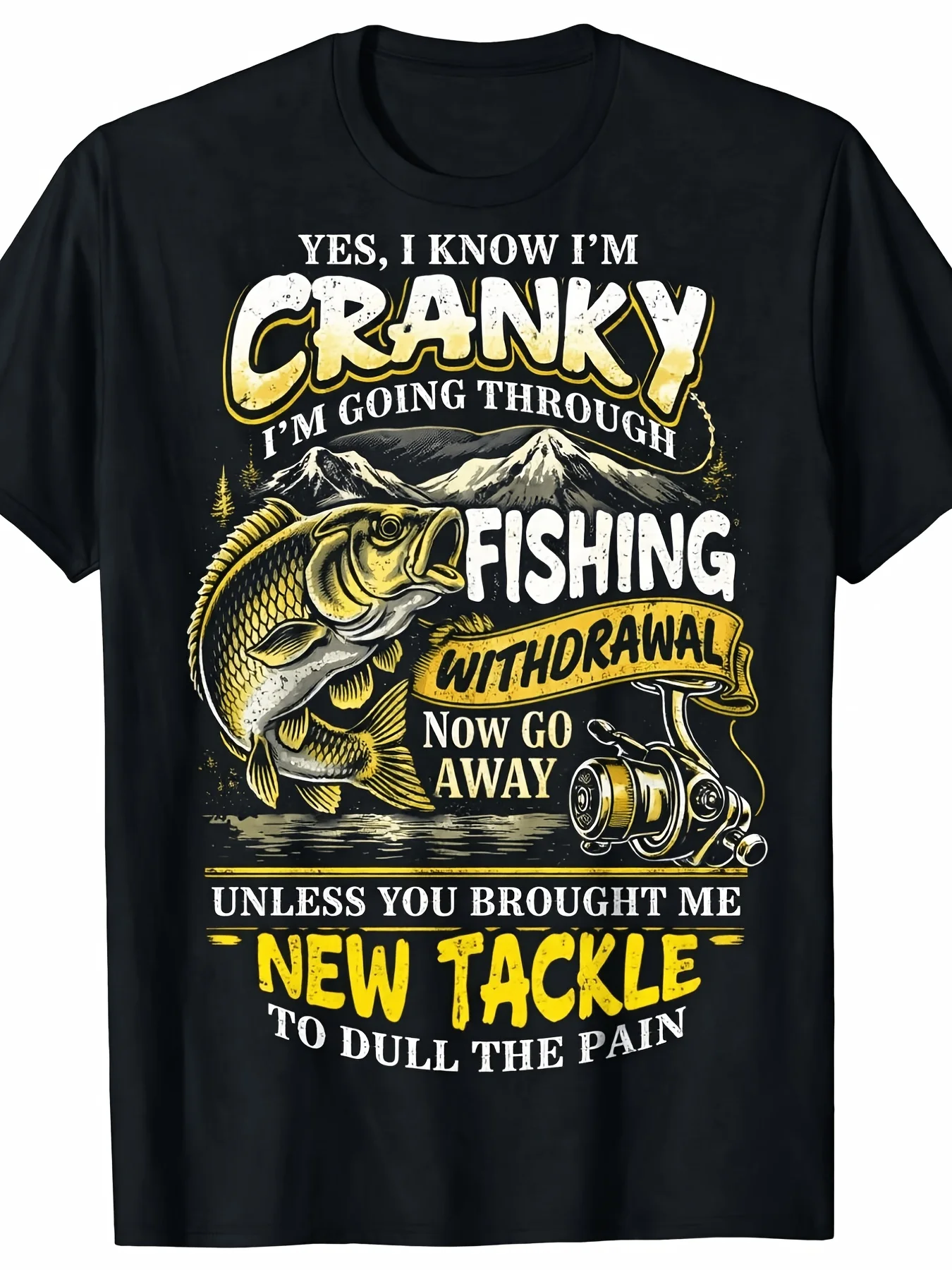 Grumpy Fishing Enthusiast Black Printed T-shirt, Decorated with Colorful Fish Patterns and Eye-catching Text, Specially Designed for Fishing Enthusiasts and Outdoor Activities, Plus Size Selection
