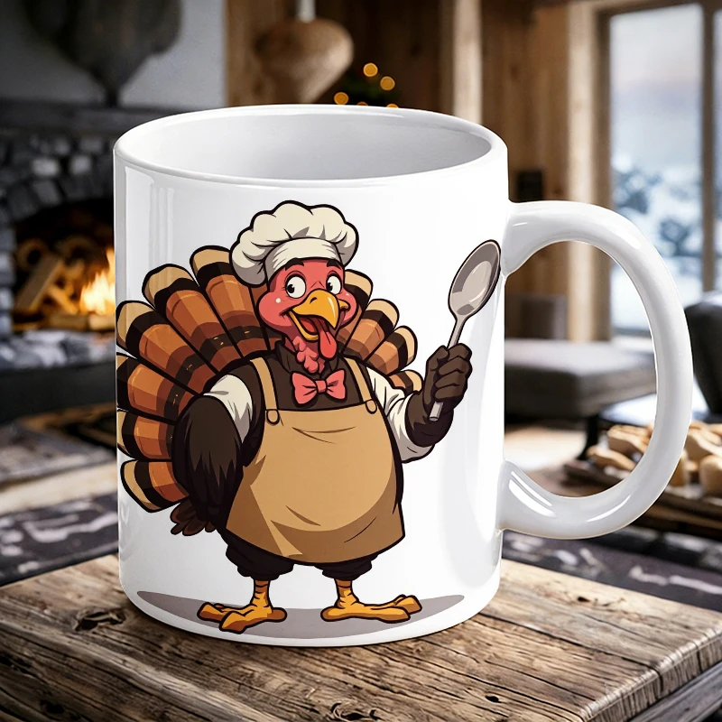 

Cute Chef Turkey Handle Ceramic Mug, Full Print Pattern Coffee Cup, Insulated Milk Mug, Water Cup for Office, Fade-Resistant