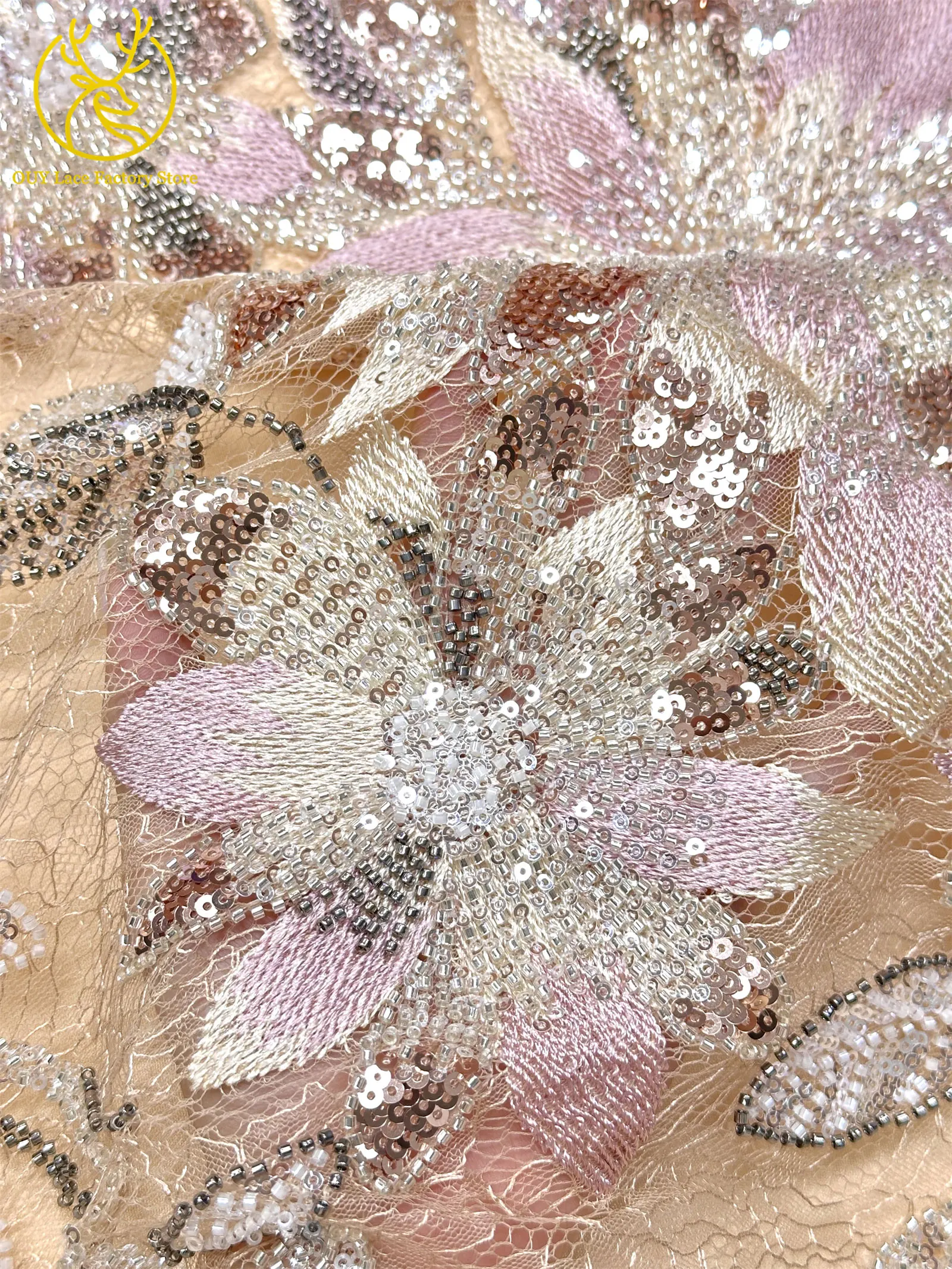 3D-Stickerei-Blattapplikation mit Pailletten, Röhrenperlen und Spitze, hochwertiger französischer Tüllspitzenstoff für Hochzeitskleider, Brautkleider und Partykleider zum Nähen. – Detail 9