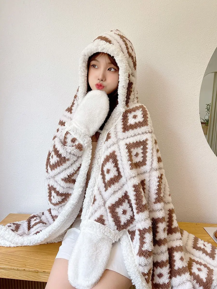 Ins Bohemia Blanket Flannel Cloak Hooded With Hat Wearable Winter Warm Women Home Cosplay