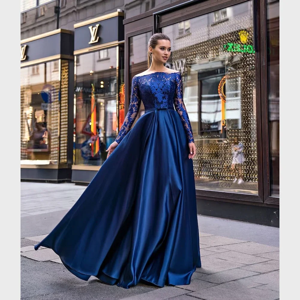 Abendkleider mit U-Boot-Ausschnitt, blaue Spitze, lange Ärmel, bodenlang, drapierter Satin, formelle Anlässe, schickes Abschlussball-Partykleid 2023