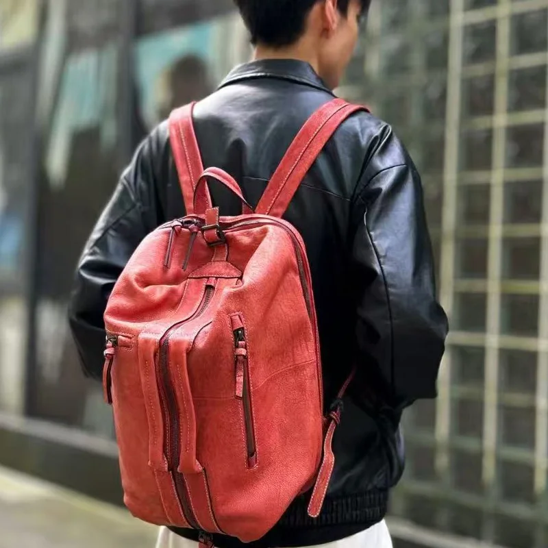 Ruil Retro multi-functional Backpack Vintage handbag Large Capacity Travel Backpack Head Layer Cowhide Leather  Bag