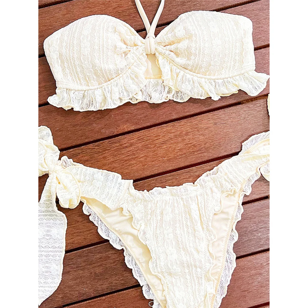 Spitzenbesetzter, gerüschter Bikini mit Neckholder, Damen-Badeanzug, zweiteiliges Bikini-Set, gepolsterter Badeanzug, Badebekleidung, Modell V8155. – Detail 6