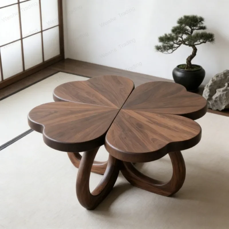 special-shaped creative solid wood storage living room furniture zen New Chinese four-leaf clover black walnut coffee table