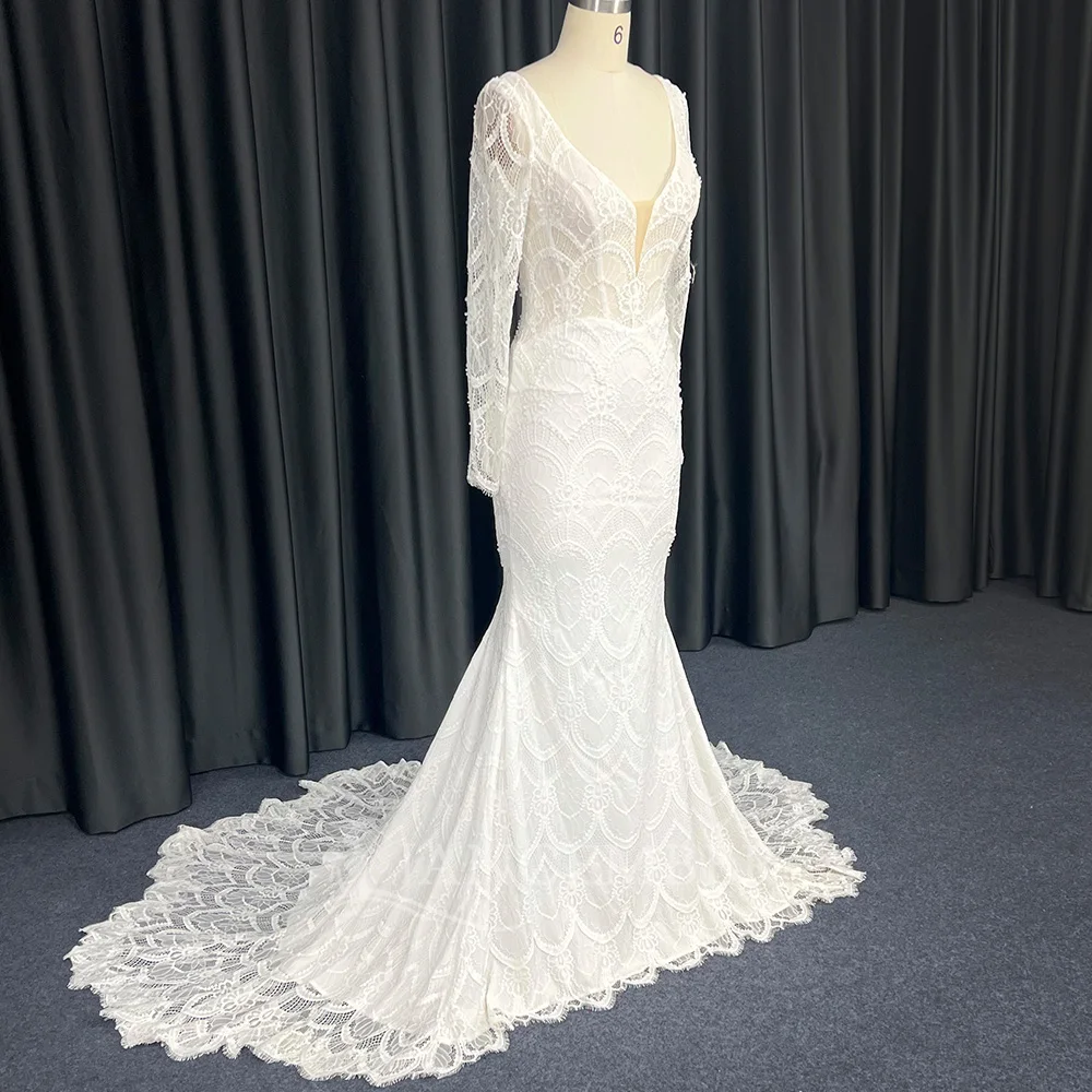 Vestido de novia bohemio de encaje con cuello en V para playa, vestidos de novia de manga larga, cola de corte de sirena, Formal personalizado