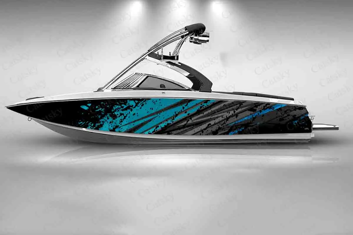 Blue & Black Splash Lines Print Boat Fashion Sticker Packaging Waterproof Custom Marine Ship Sticker Wrap Vinyl Decal Decoration