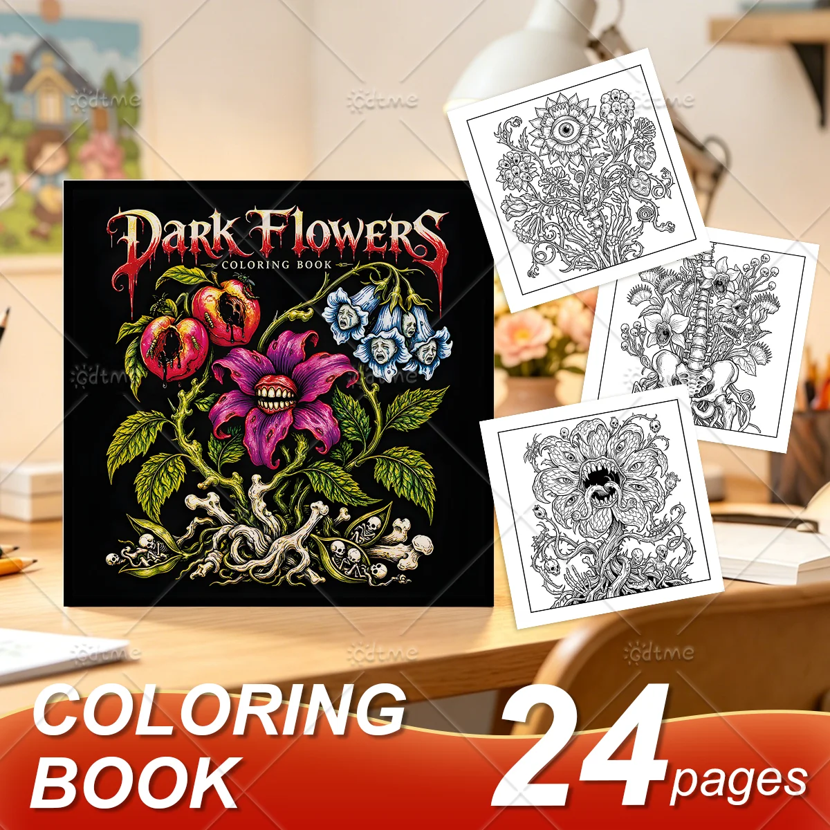 Dark Flowers Adult Coloring Book Gothic Creepy Carnivorous Floral Scenes, Stress & Anxiety Relief, Dark Fantasy Art Therapy Book