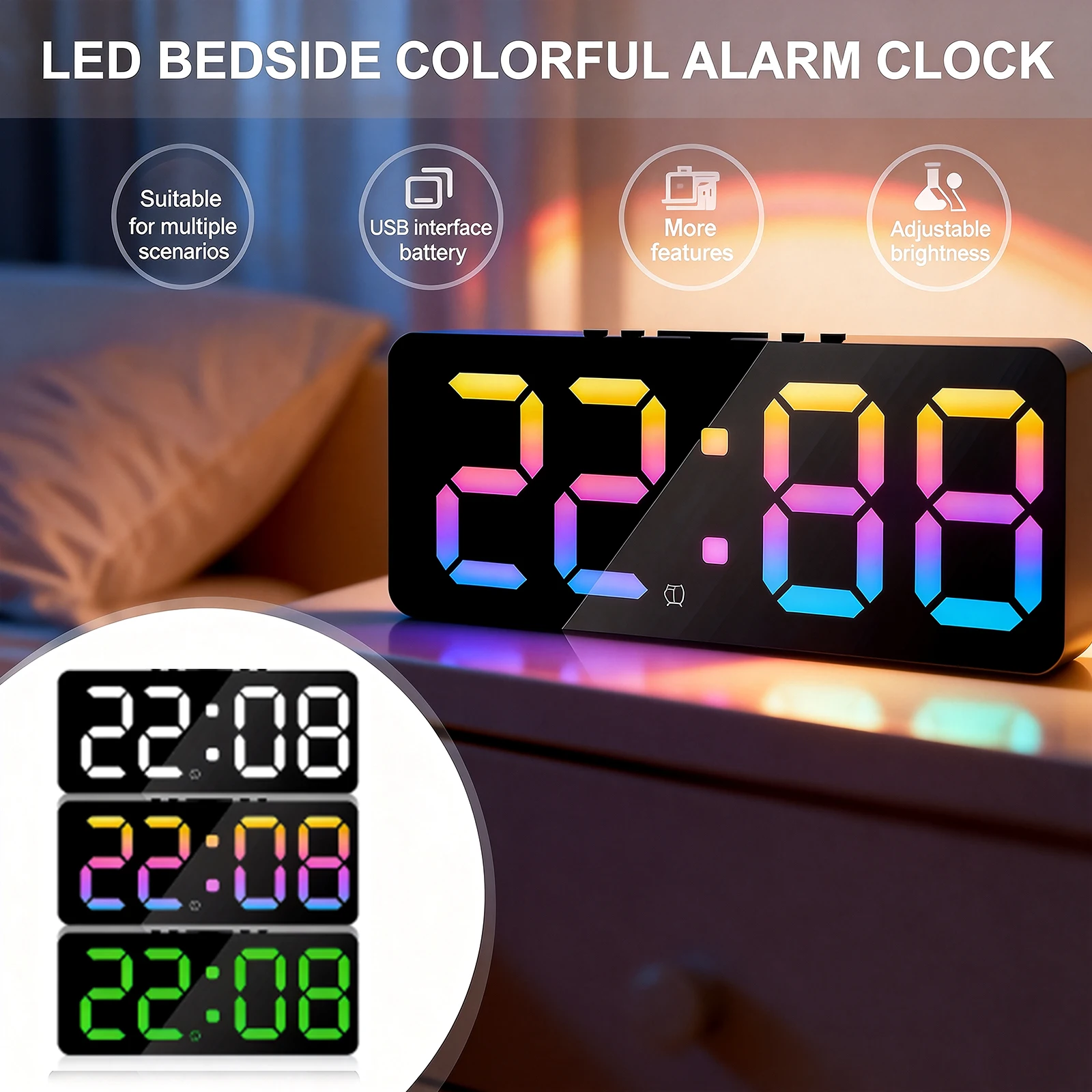 Digital Alarm Clock Large LED Display Brightness Dimmable Digital Clock with USB Charging Ports Snooze Bedside Alarm Clock
