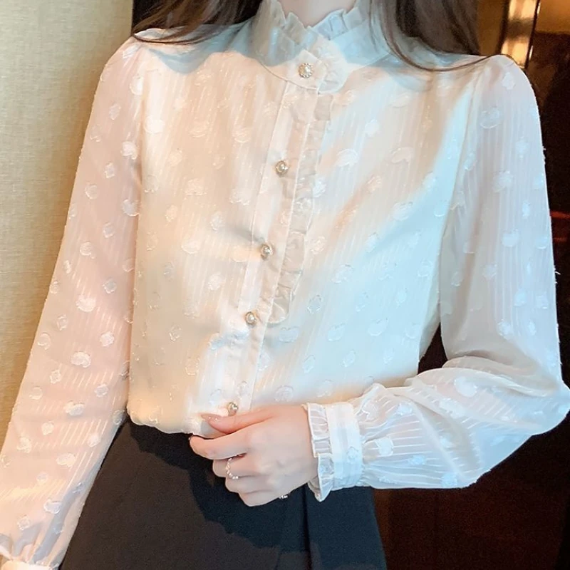 Autumn Winter New Solid Color Stand Collar Long Sleeve Shirt Women High Street Button Cardigan Vintage Elegant Thick Chic Tops