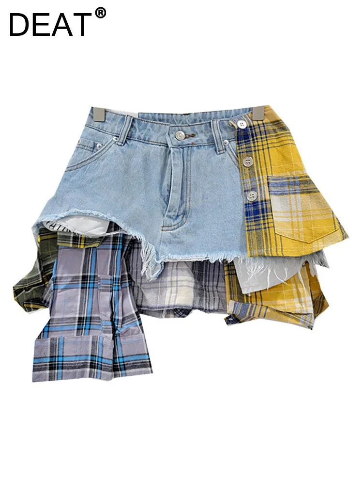 DEAT Women\'s Denim Skirt Colored Plaid Patchwork Irregular Deconstructed A-line High Waist Mini Skirt 2024 Autumn New Fashion