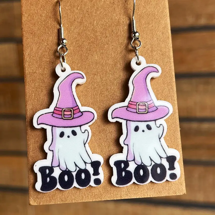 Flower Pumpkin Skull Ghost Bat Darkness Castle White Acrylic Earrings for Women Creative Halloween Earrings Jewelry Wholesale