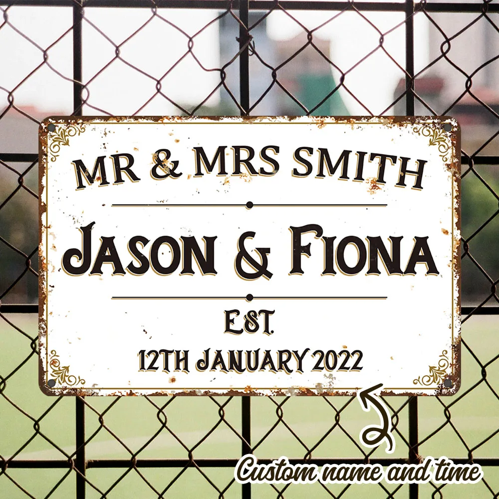 2D Flat Custom Mr & Mrs Metal Tin Sign, Vintage Rustic Couple Names & Date Plaque, Wedding Anniversary Wall Decor