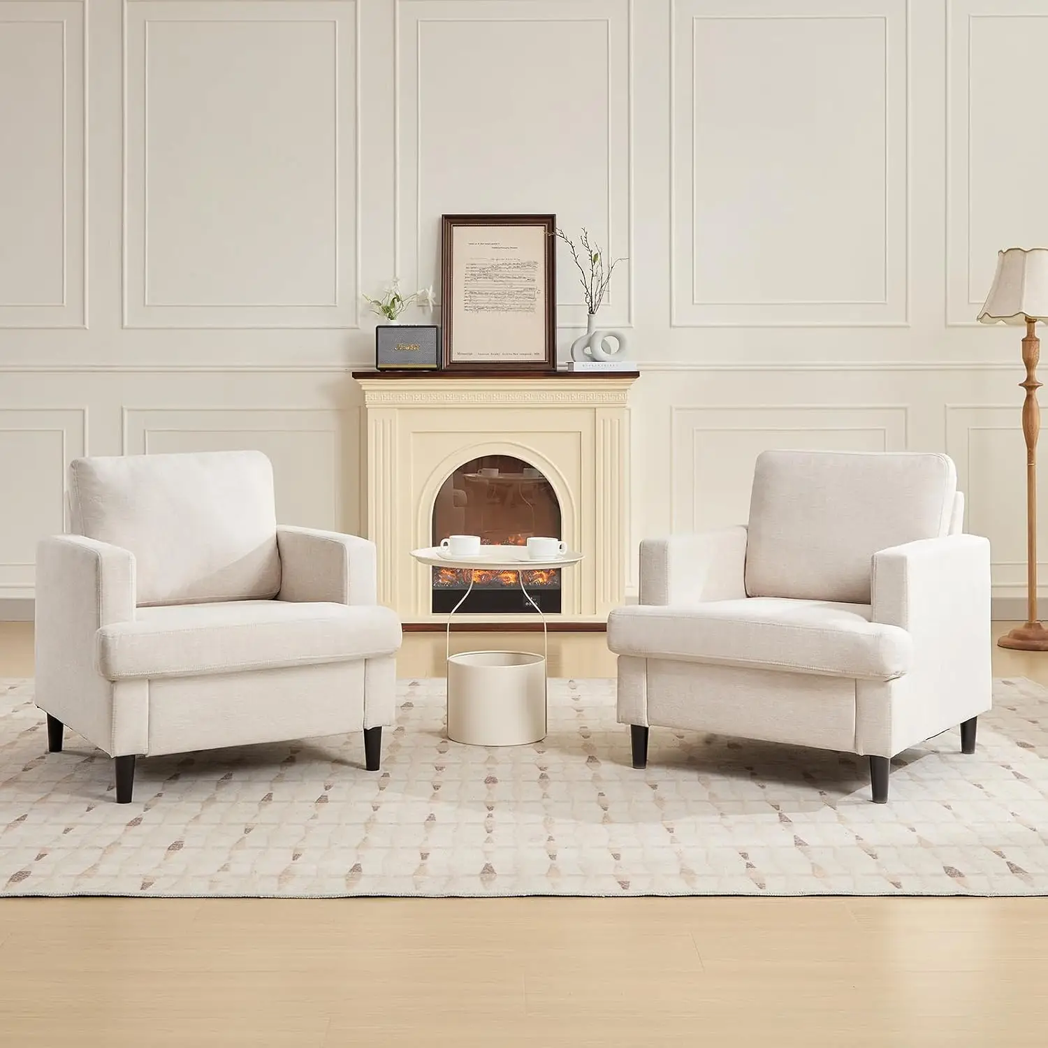Comfortable Linen Accent Chair For Living Room Bedroom Or Office Solid Wood Legs Padded With Cushion Modern Reading Chair Single Sofa Beige