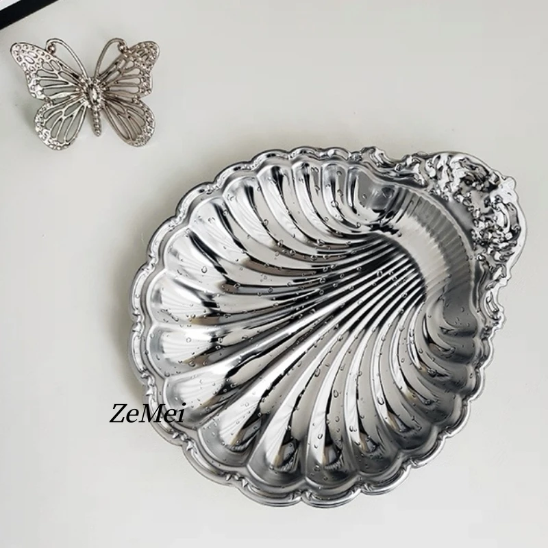 European Style Shell Shape Water Ripples Fruit Plate,Silver Stainless Steel Plate Home Food Tray,Snack Disc Table Decoration view 2