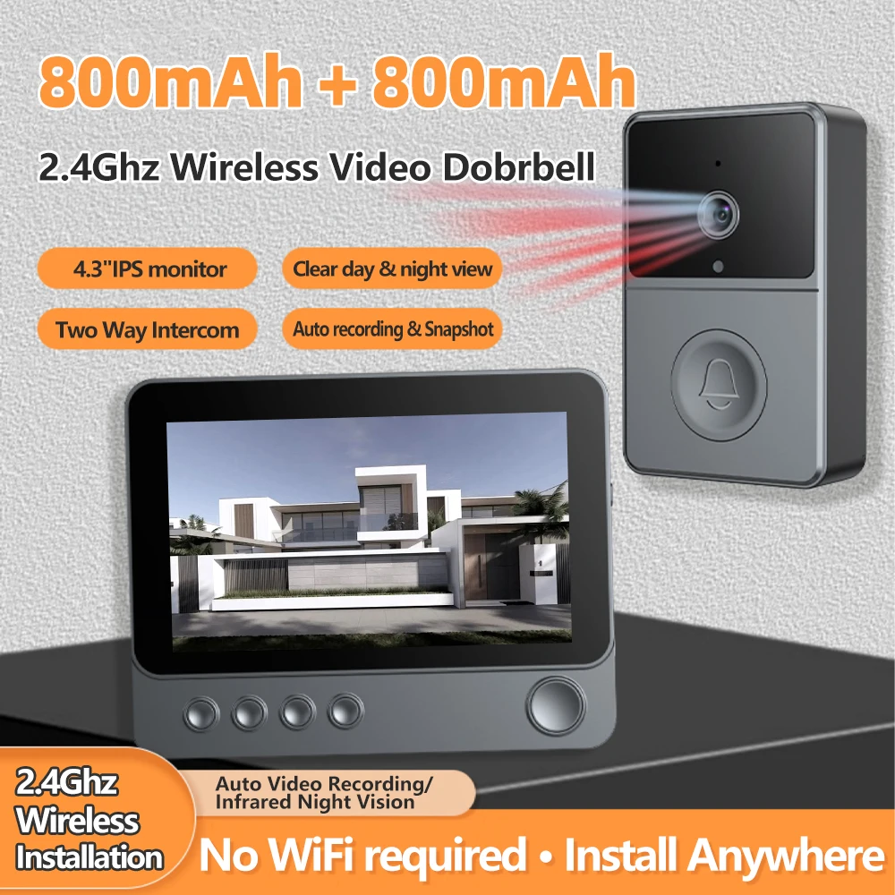 2.4Ghz Wireless Two Way Audio Intercom Infrared Night Vision Door Monitoring Doorbell Video Camera 4.3