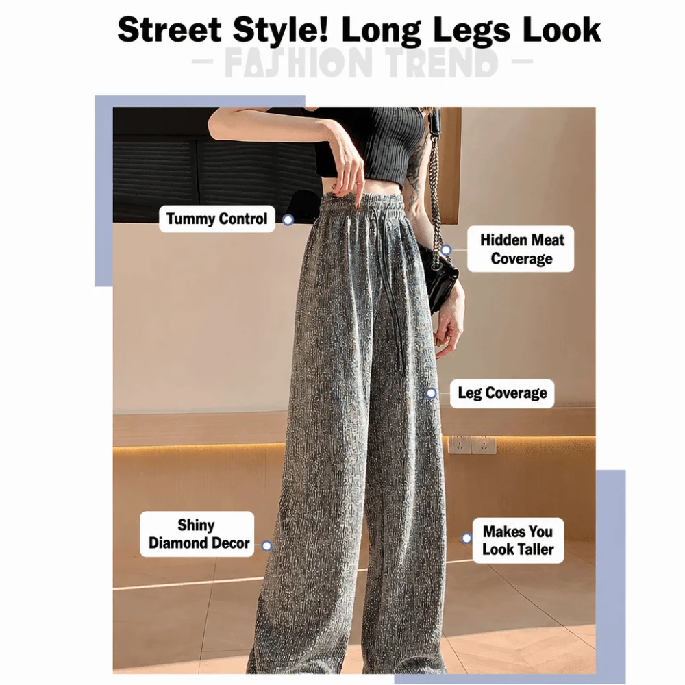 Hotfix Rhinestone Star Sky Trousers Loose High Waist Drawstring Waist Straight Pants Breathable Thin Sparkly Casual Trousers