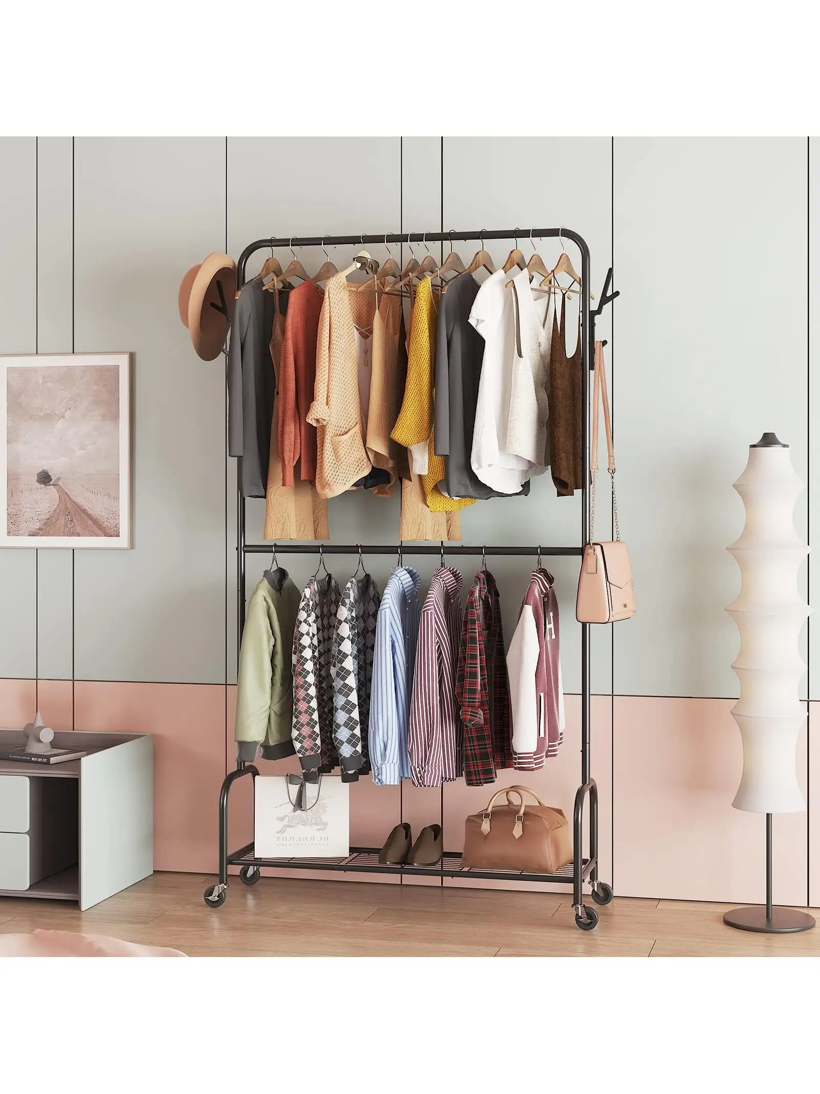 

Double Rod Garment Rack Free-Standing Clothes Rack, Metal Clothes Rack , Standard Clothes Organizer for Hanging Clothes