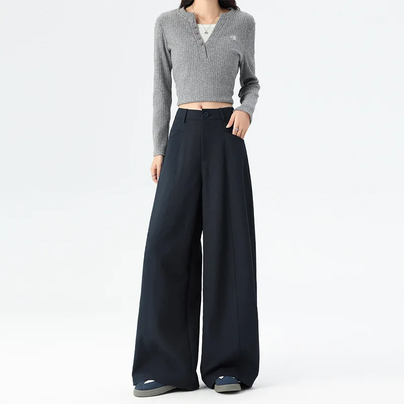 

Хит продаж: Новые повседневные брюки-костюмные штаны с высокой талией и широкими штанинами, драпированные, темно-синие, для женщин, весна 2026