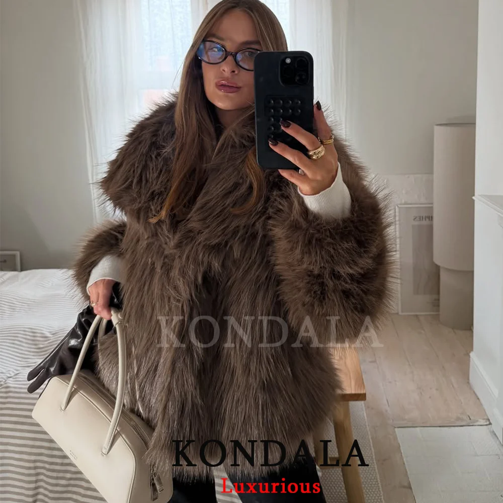 

KONDALA Vintage Chic Brown Women Fur Coats Long Sleeve Turn Down Collar Overszied Jackets Fashion 2026 Thick Warm Spring Outwear