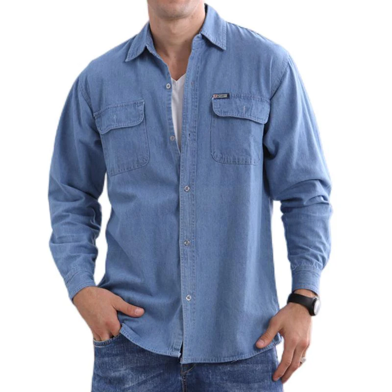 

Solid Color Men Basic Style Blue Denim Shirt With Flap Pockets 2024 Spring 100% Cotton Long Sleeve Casual Shirts