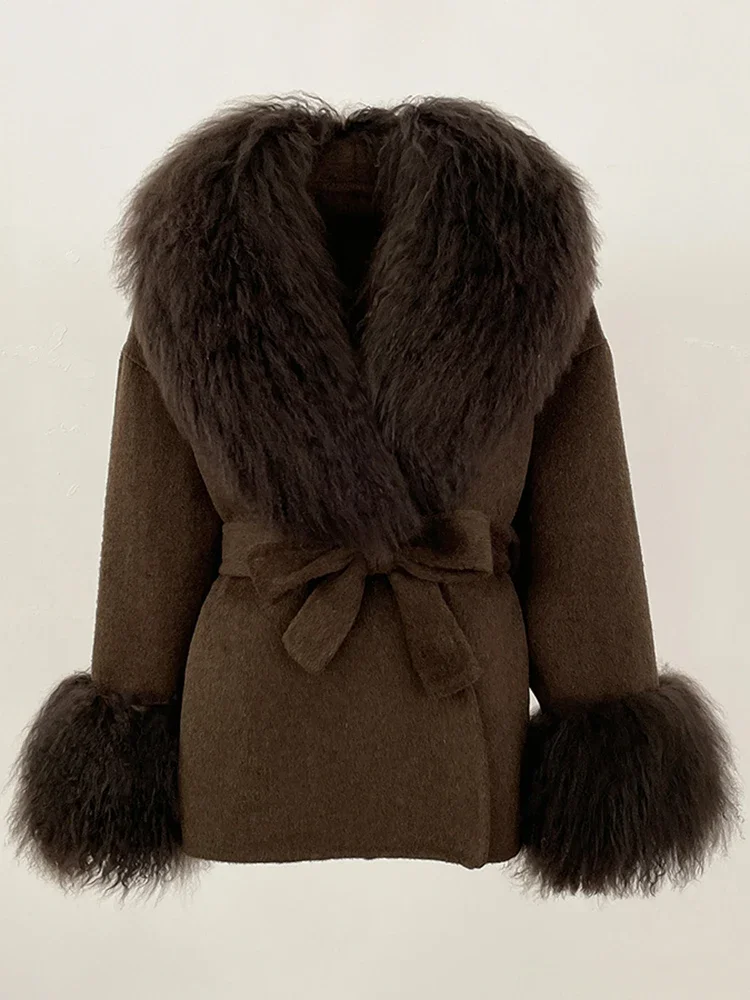 New 2025 Lady Fashion Real Fur Cuffs Coat Winter Clothing Women Wool Clothes Natural Mongolia Sheep Fur Woolen Jacket Female