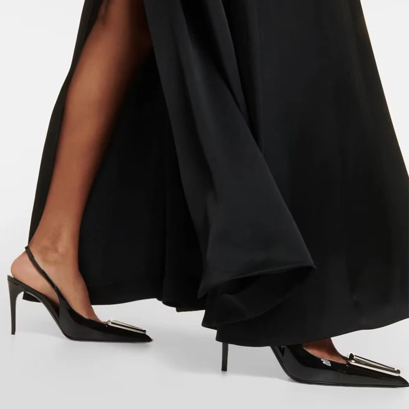 

Square Buckle Pointed Toe Black Stiletto Sandals Woman Summer 2024 Patent Leather Slip-On French Style Pumps Fashio Shoes