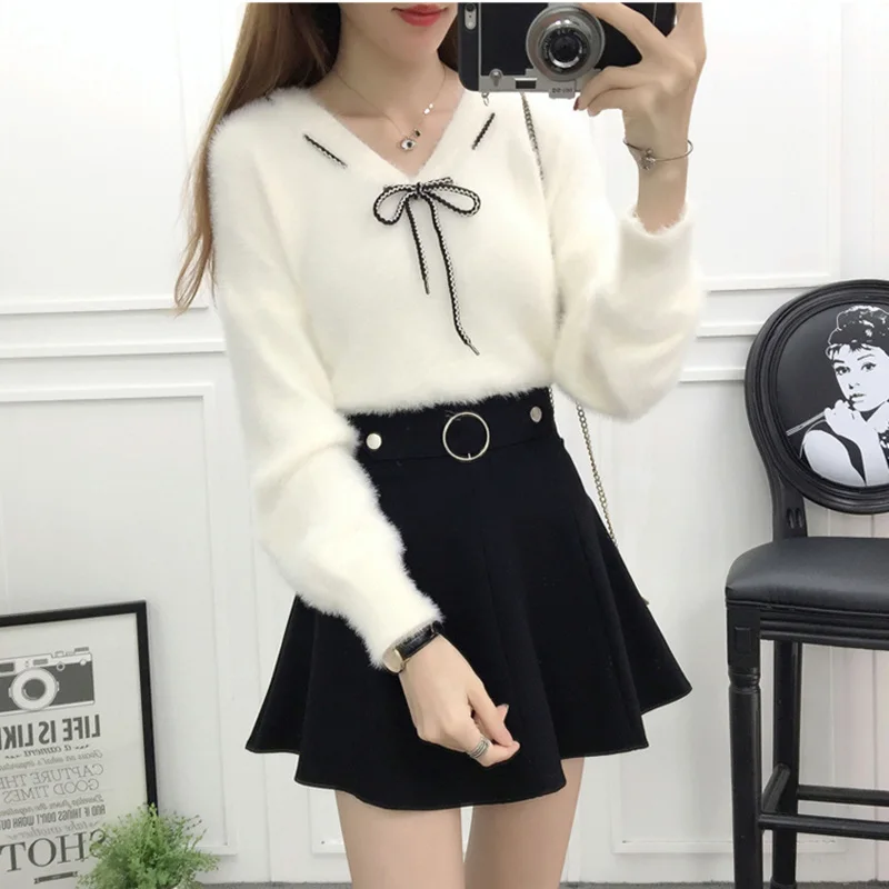 

Women's autumn winter V-neck bow elegant sweater pullover+black round button decorative short skirt elegant two-piece set
