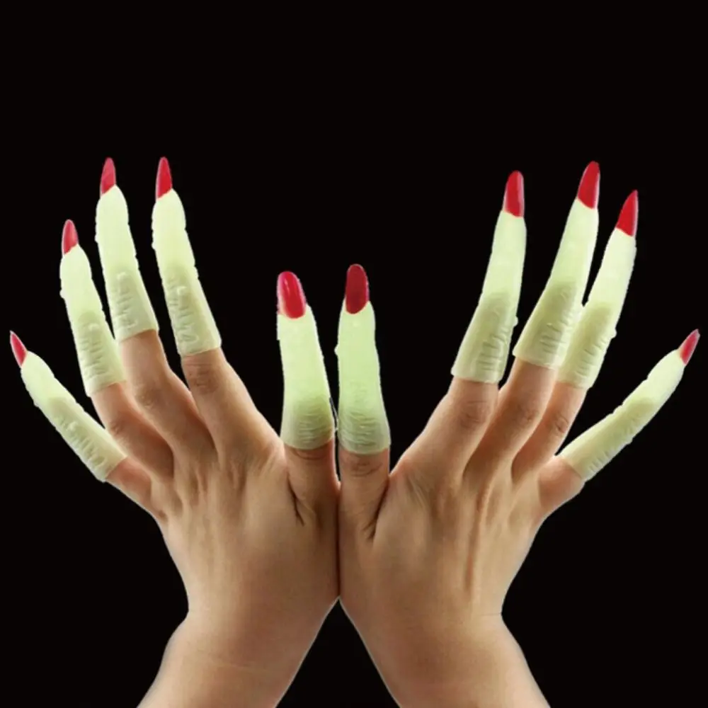 10Pcs/Set Luminous False Nail Covers Plastic Long Shape Glowing Nail Covers Red Black Halloween Party Supply Masquerade Ball