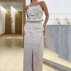 Spring Fashion Solid Cotton Linen Suit Women Sexy Front Flower Sling Top and Split Long Skirts Outfit Summer Backless Hollow Set