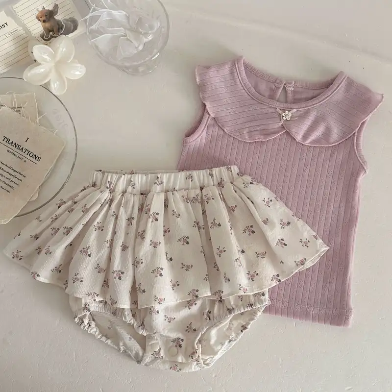 2026 Summer New Baby Girl Sleeveless Clothes Set Infant Girl Cotton Lapel Vest + Floral Shorts 2pcs Suit Toddler Girl Outfits - Image 3