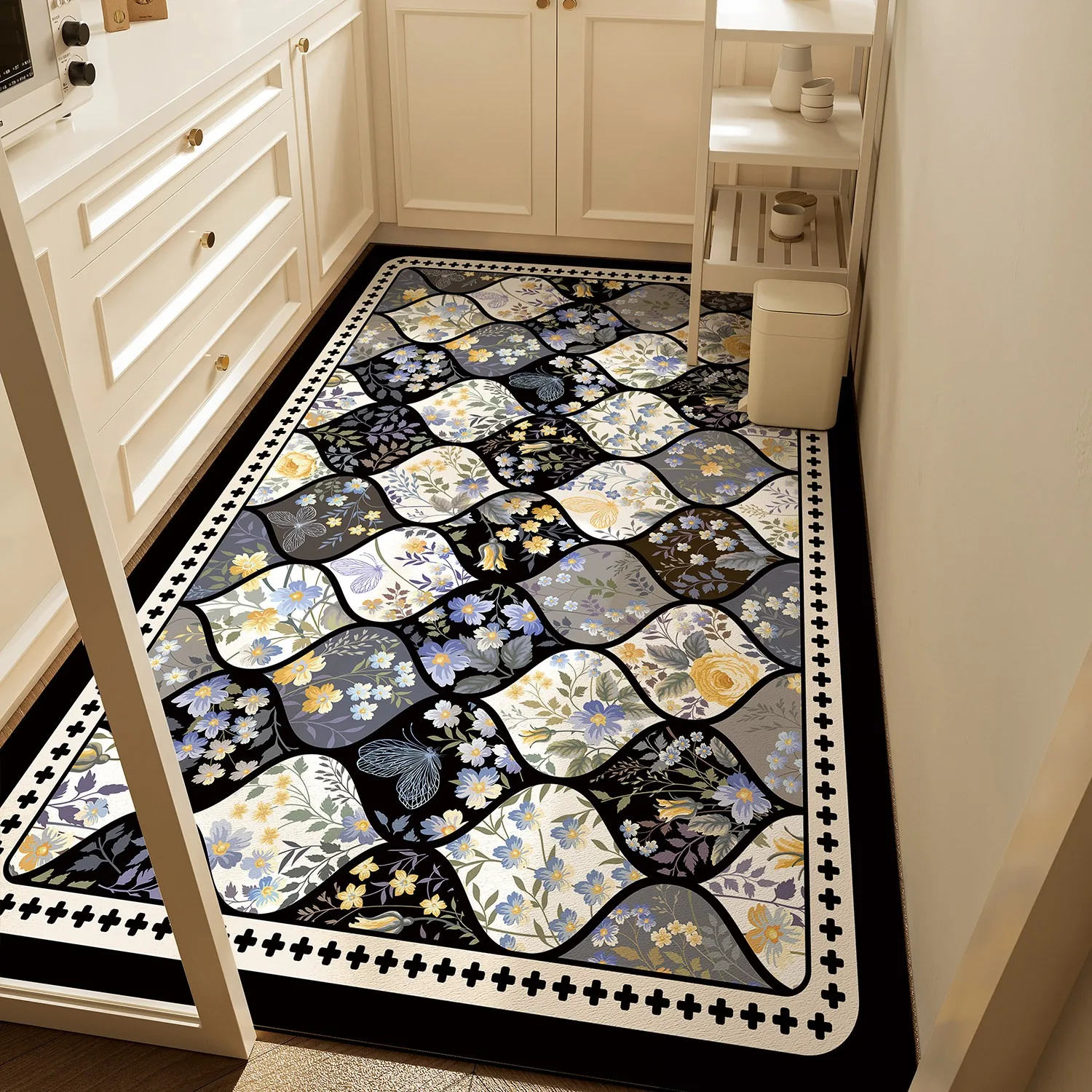 Non-slip Kitchen Carpet Vintage Light Luxury Rug Home Decoration Dirty Resistant Washable PVC Leather Mats Tapis De Cuisine 바닥매트
